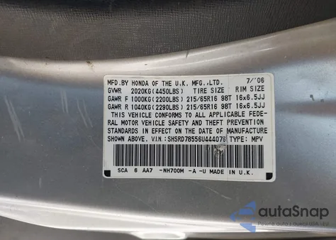 2006 Honda Cr-V Lx from USA, damaged, VIN SHSRD78556U444076